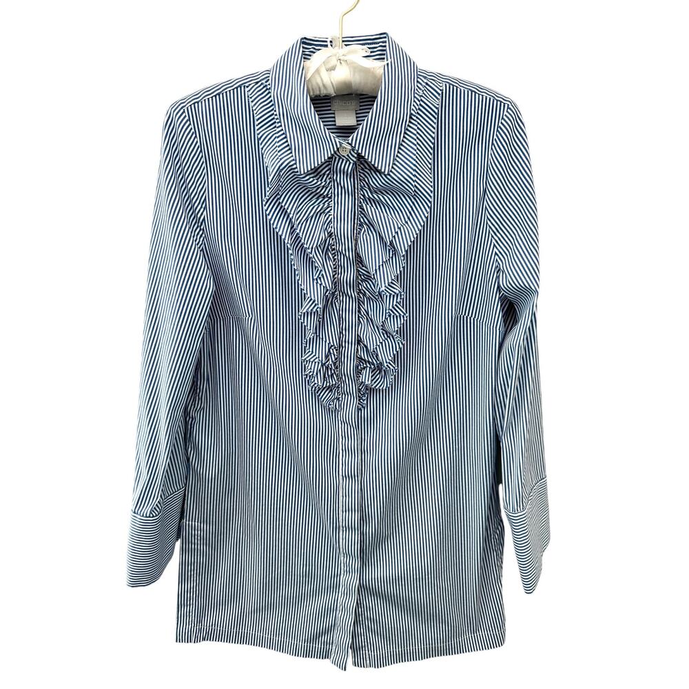 CHICO’S Blue White Striped Ruffle Button Front Career Tunic Top Size 1 Medium